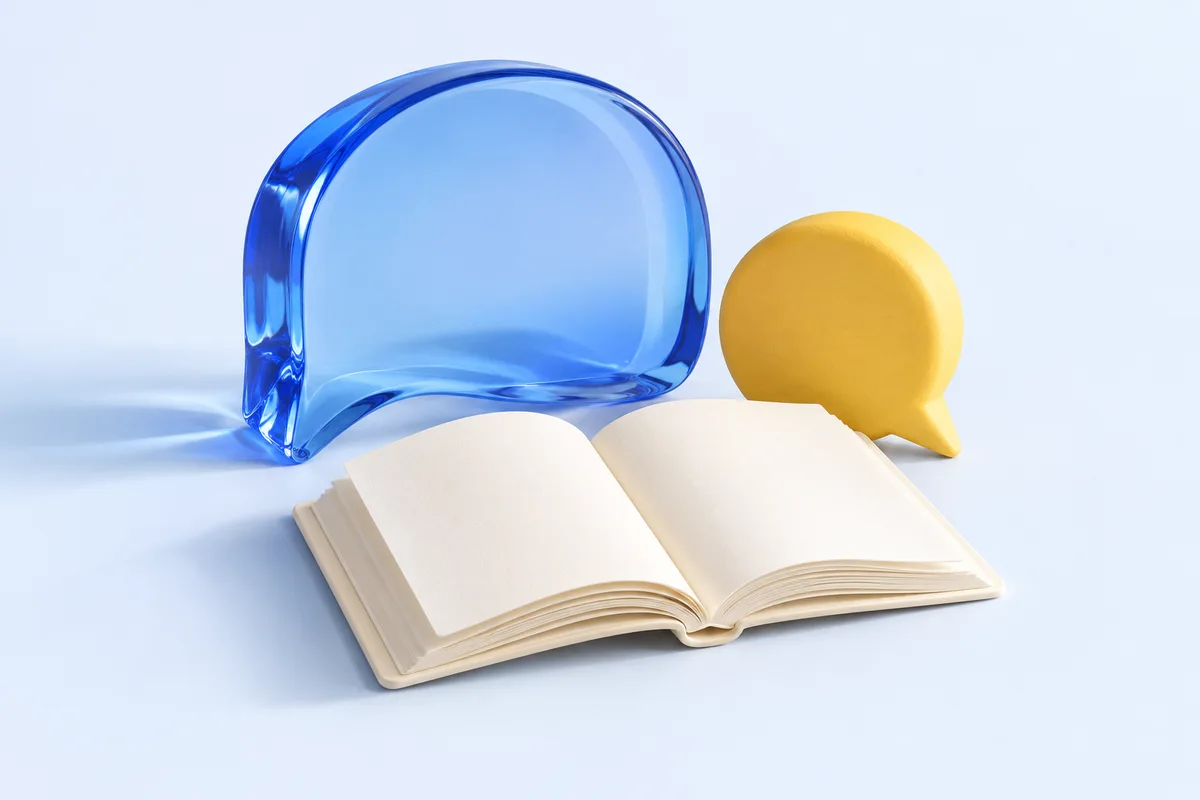 Libro abierto junto a dos figuras de conversación.