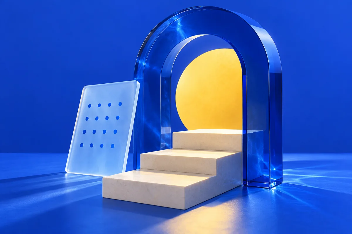 Escalones bajo un arco azul iluminado por un disco amarillo: una metáfora de claridad.